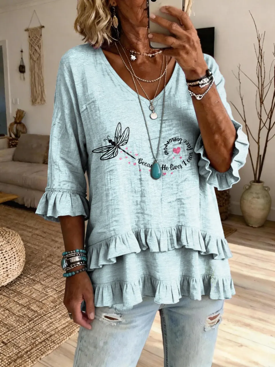 Women's Retro Hippie Dragonfly Art Print Casual Lace-Trim T-Shirt