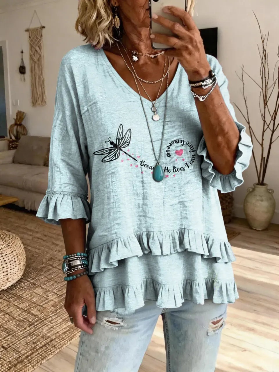 Women's Retro Hippie Dragonfly Art Print Casual Lace-Trim T-Shirt