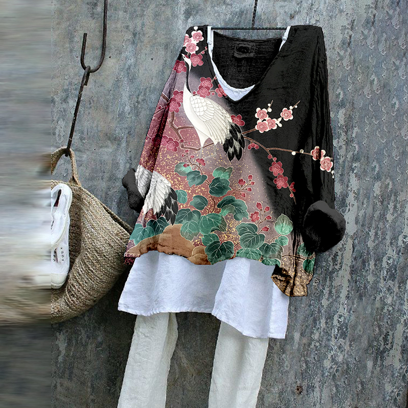 Japanese Cranes & Flowers Linen Blend Cozy Tunic