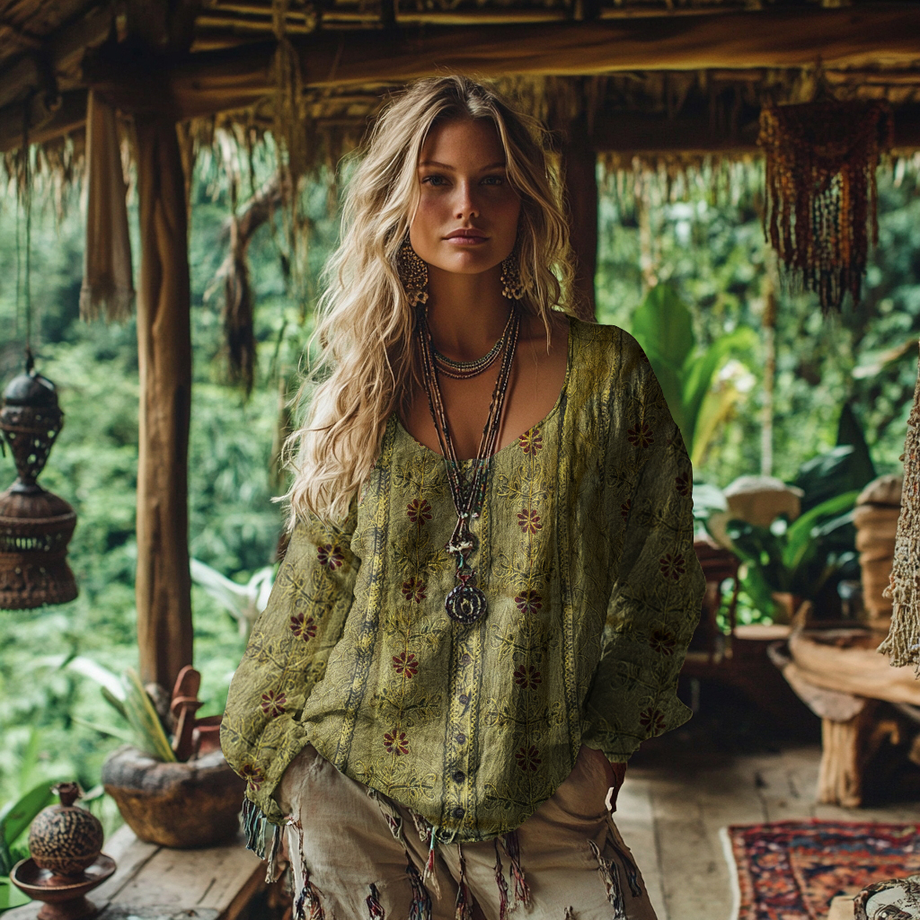 Vintage Tribal Floral Art Cotton Linen Casual Shirt