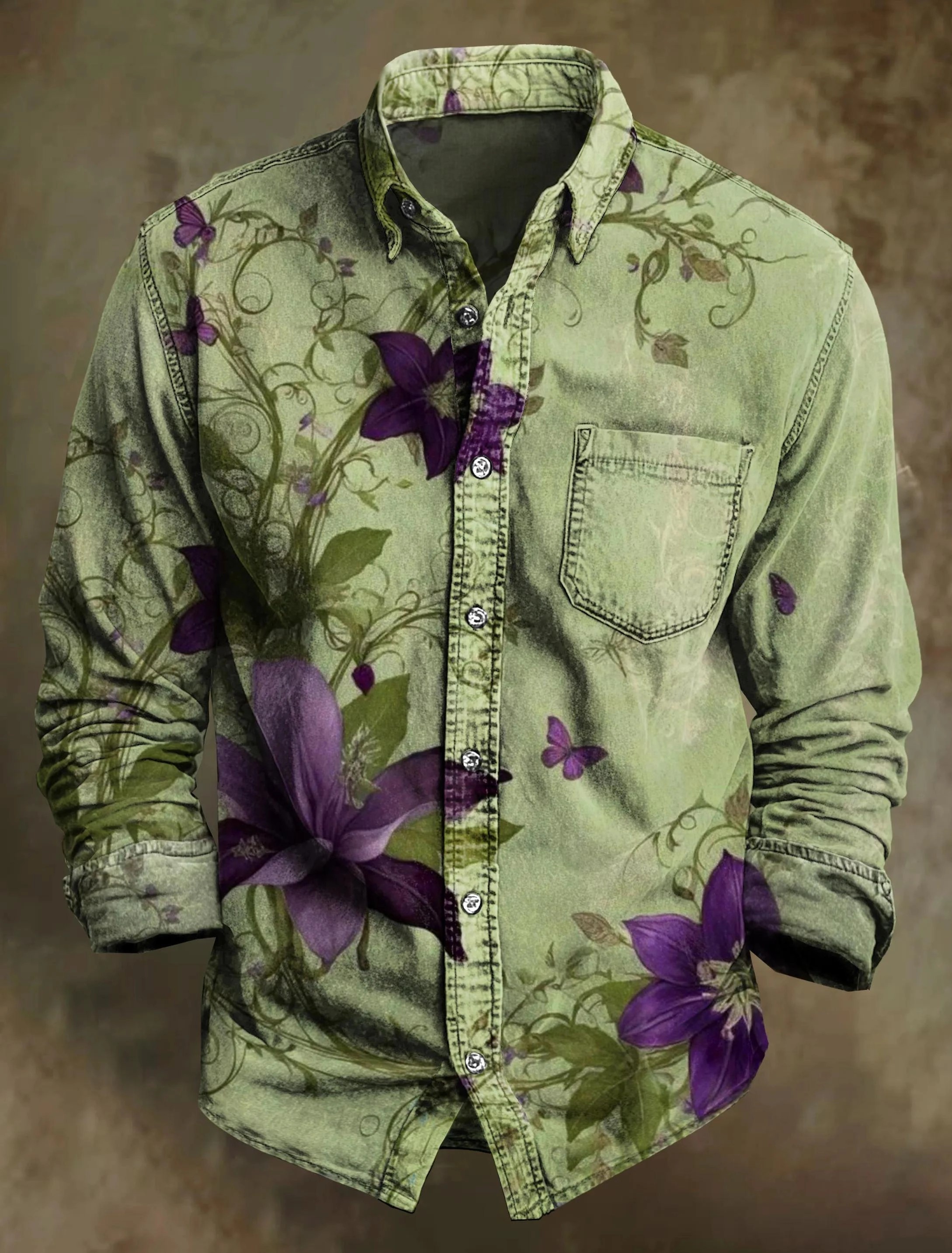 Vintage Floral Art Print Cotton Long Sleeve Shirt