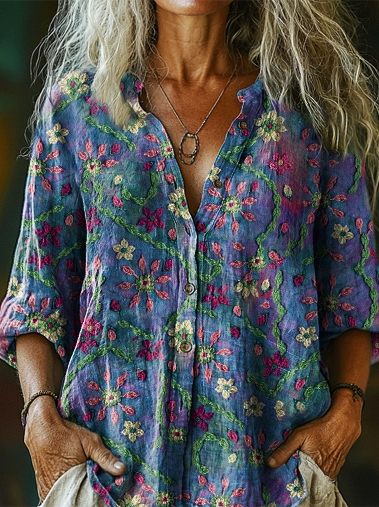 Womens Bohemian Ethnic Floral Art Print Casual Cotton Linen Shirt