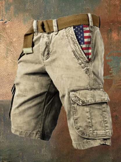 Men's Vintage Flag Independence Day Multi-Pocket Print Cargo Shorts (Belt Not Included)