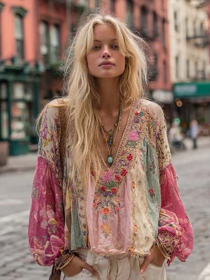 Women's Vintage Pink Floral Art V-Neck Linen Blend Shirt