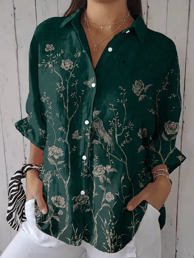 Women's Forest Flora Bird Print Casual Lapel Shirt
