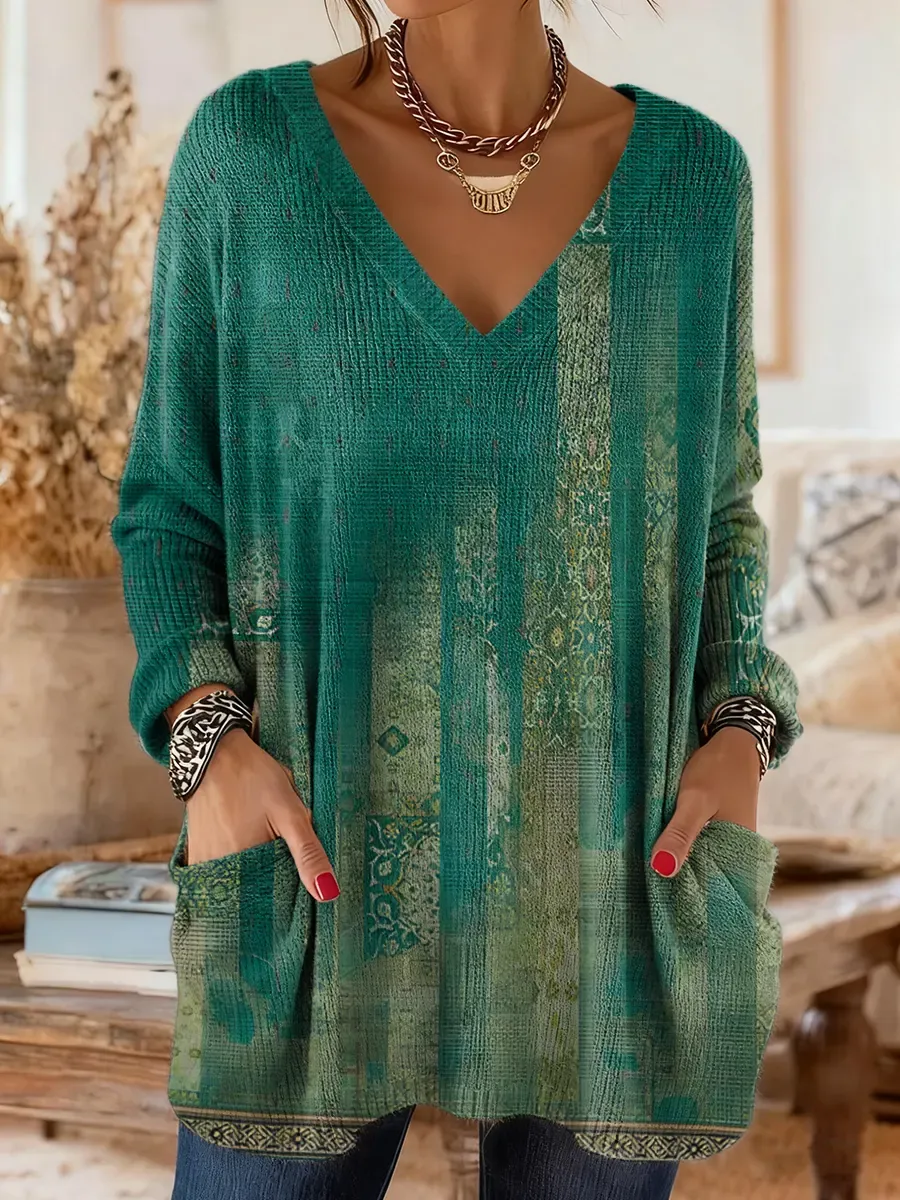 Nation Green Geometry Totem Women's Print Casual V-neck Long Sleeve Sw