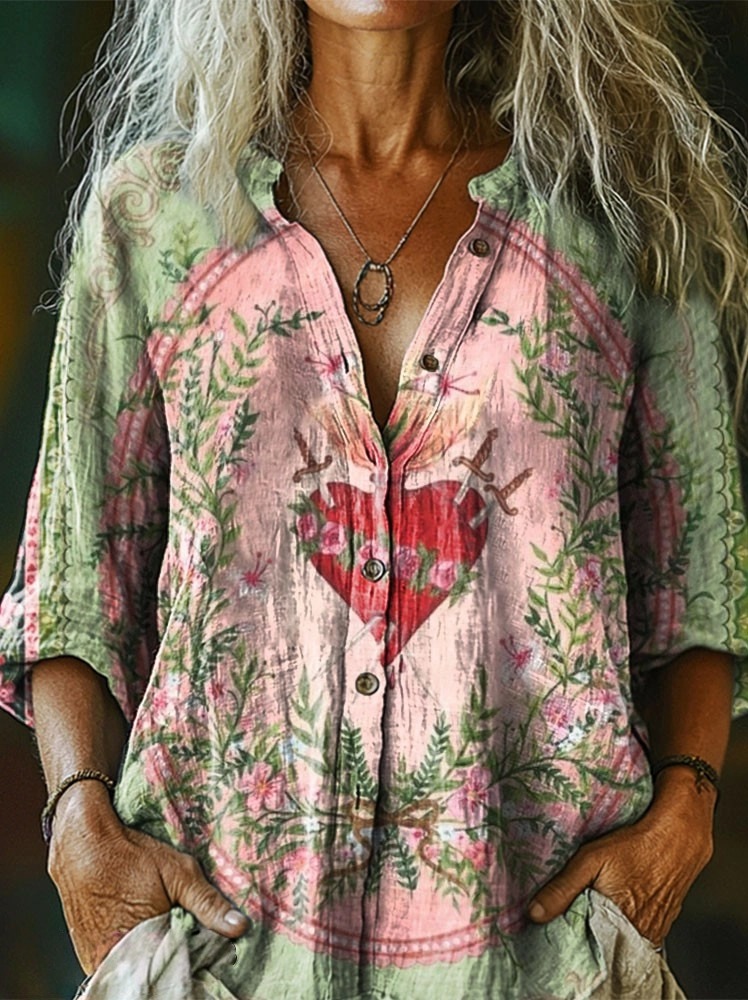Women's Ethnic Floral Sword Love Pattern Print Casual Cotton Linen Shirt