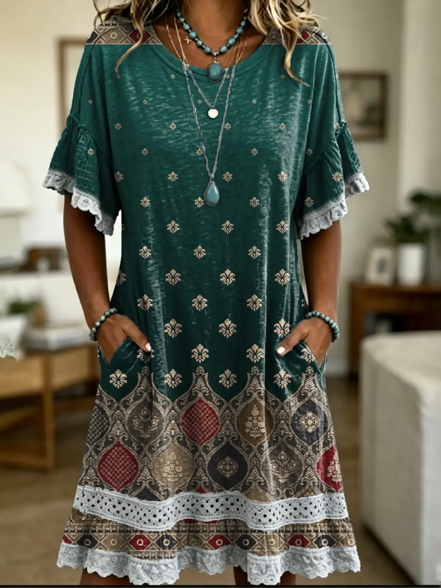 Women's Vintage Floral Print Lace Cutout Dress