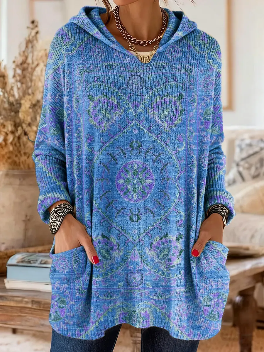 Women's Ethnic Totem Art Print Casual Knitted Pocket Hooded Tunic Top