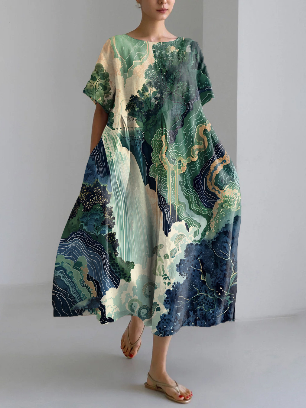 Waterfall Art Landscape Print Linen Blend Maxi Dress