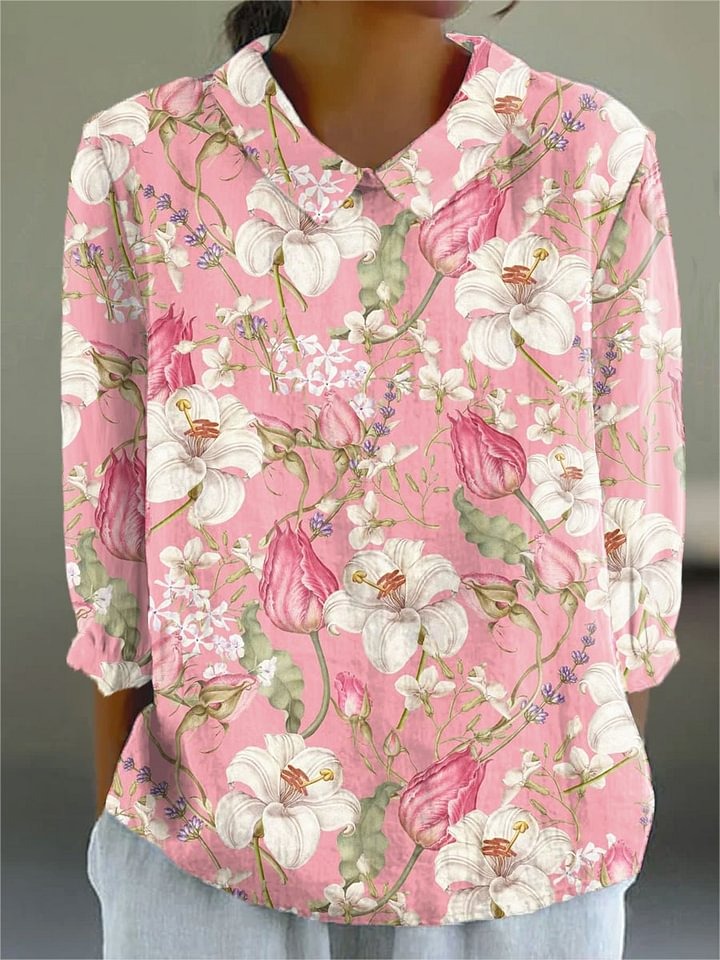 Women's Vintage Floral Art Print Casual Linen V-neck Shirt