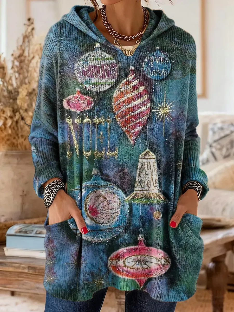 Women's Christmas Ornament Pattern Art Print Casual Knit Hoodie With P