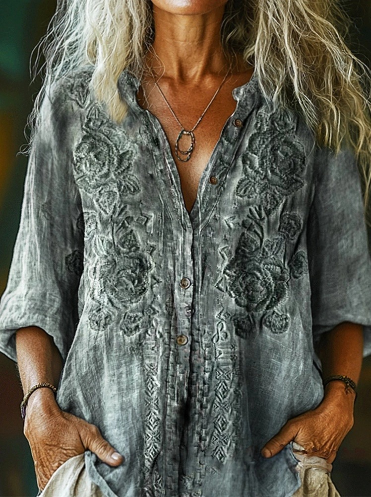 Women's Vintage Ethnic Floral Texture Print Casual Cotton Linen Shirt