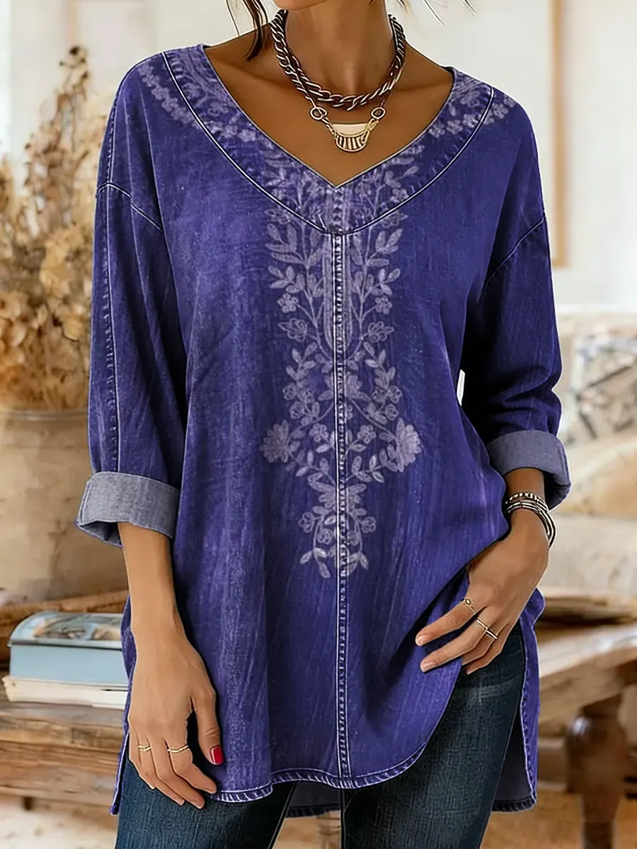 Ethnicity Flowers Totem Women's Art Print Casual Washed Denim Cotton Top