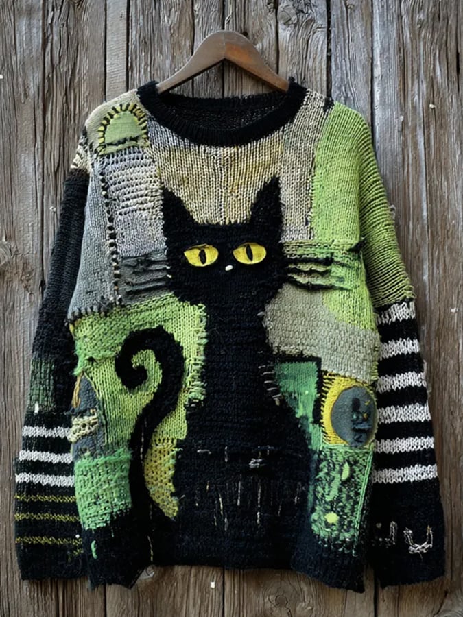 Women's Halloween cat contrast print knitted sweater