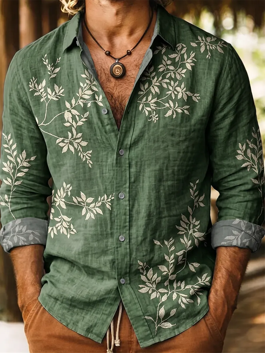 Ethnicity Leaves Men's Art Print Vintage Cotton Long Sleeve Shirt