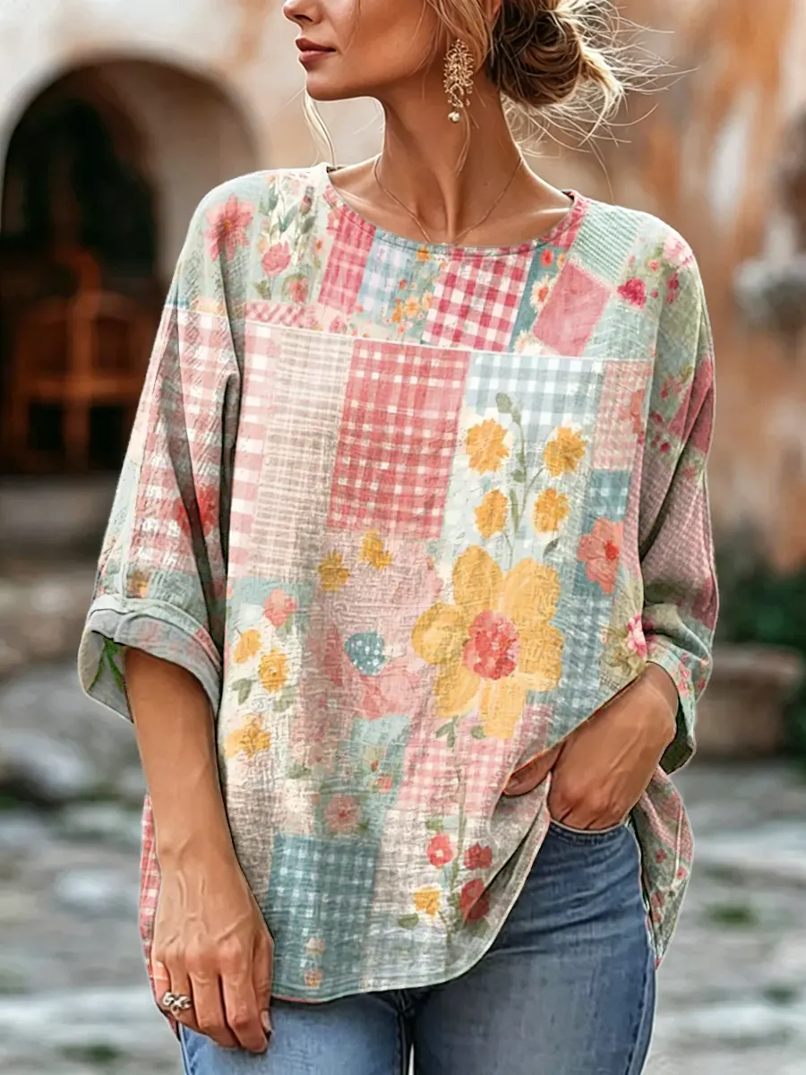 Women's Floral Patchwork Print Linen Blend Blouse