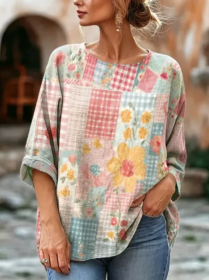Women's Floral Patchwork Print Linen Blend Blouse