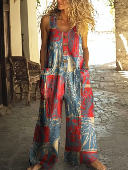 Women's Bohemian Ethnic Collage Art Pattern Print Casual Cotton Linen Shirt