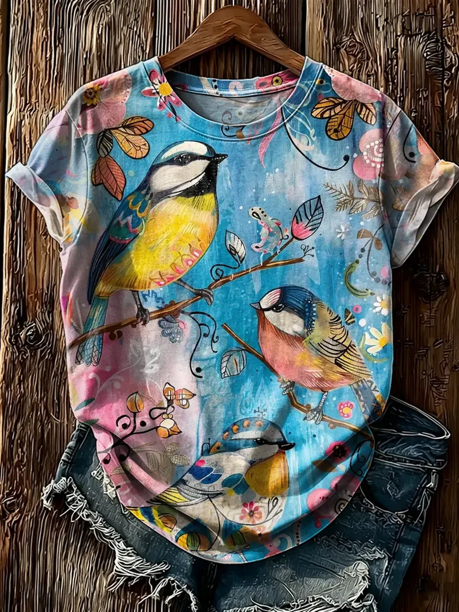 Women's Watercolor Bird & Floral Print Short Sleeve T-Shirt