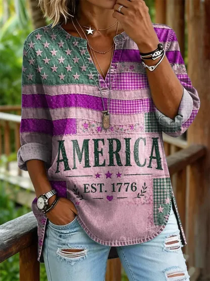 Women's American Flag Slogan Patchwork Distressed Print V-Neck Long Sleeve Top