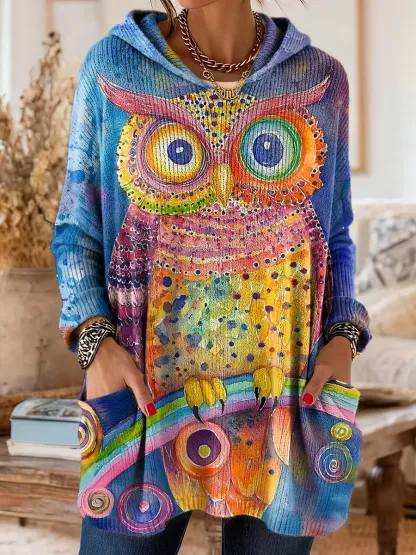 Retro Colorful Owl Watercolor Women's Print Casual Long Sleeve Hooded Sweater