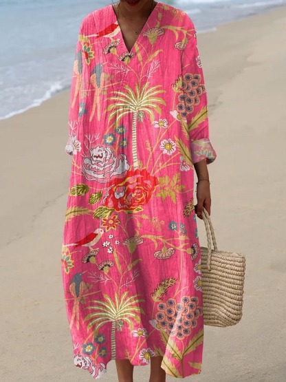 Women's Vintage Flowers Art Print Casual Linen V-neck Shirt