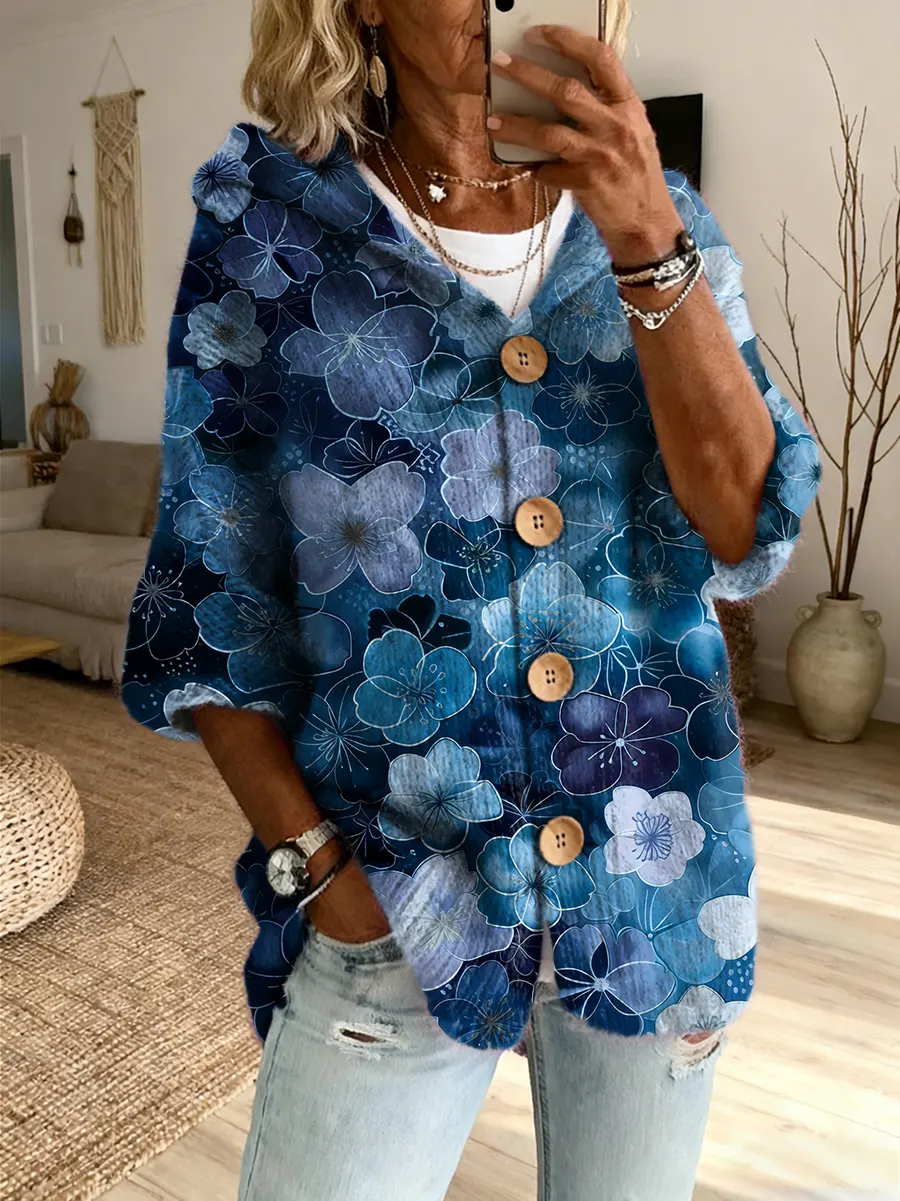 Ethnicity Colorful Flowers Women's Art Print Casual Hooded Cardigan Sweater