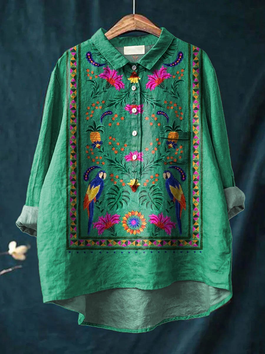 Women's Vintage Ethnic Lovely Floral Parrots Art Print Casual Cotton And Linen Shirt