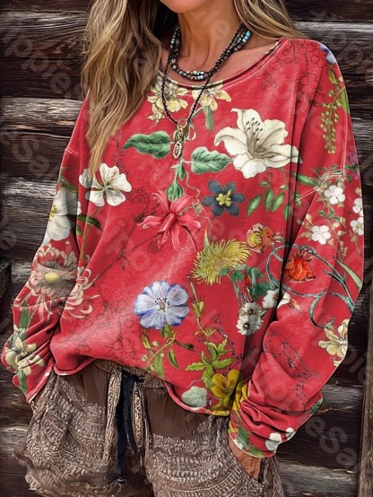 Women's Folk Flower Art Print Casual Long Sleeve T-shirt