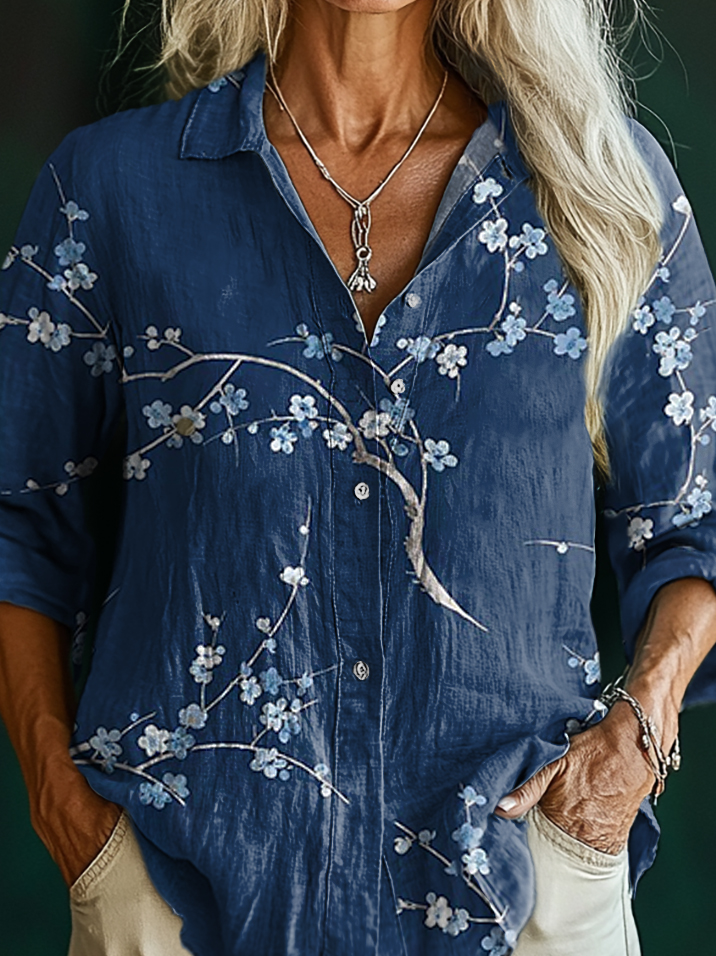 Women's Floral Pattern Art Print Casual Cotton Shirt