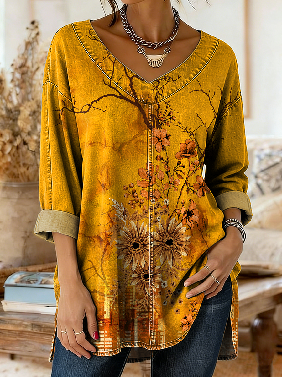 Women's Ethnic Yellow Floral Art Print Casual V-neck Long Sleeve Washed Denim Shirt