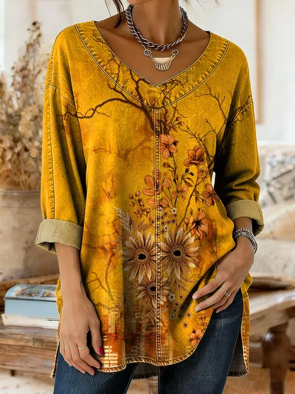 Women's Ethnic Yellow Floral Art Print Casual V-neck Long Sleeve Washed Denim Shirt