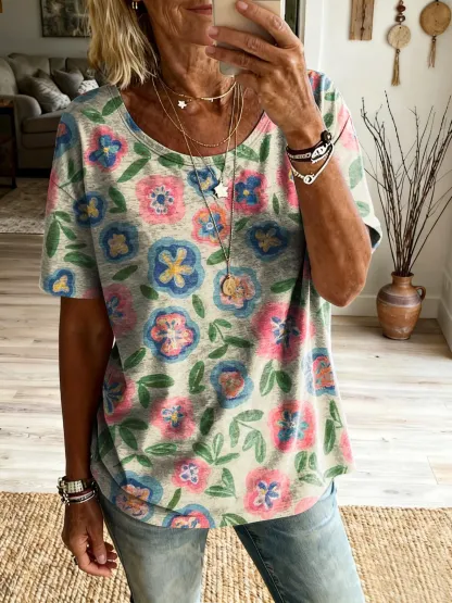 Women's Bohemian Floral Art Print Casual Crew Neck Short-Sleeve Pure Cotton T-Shirt