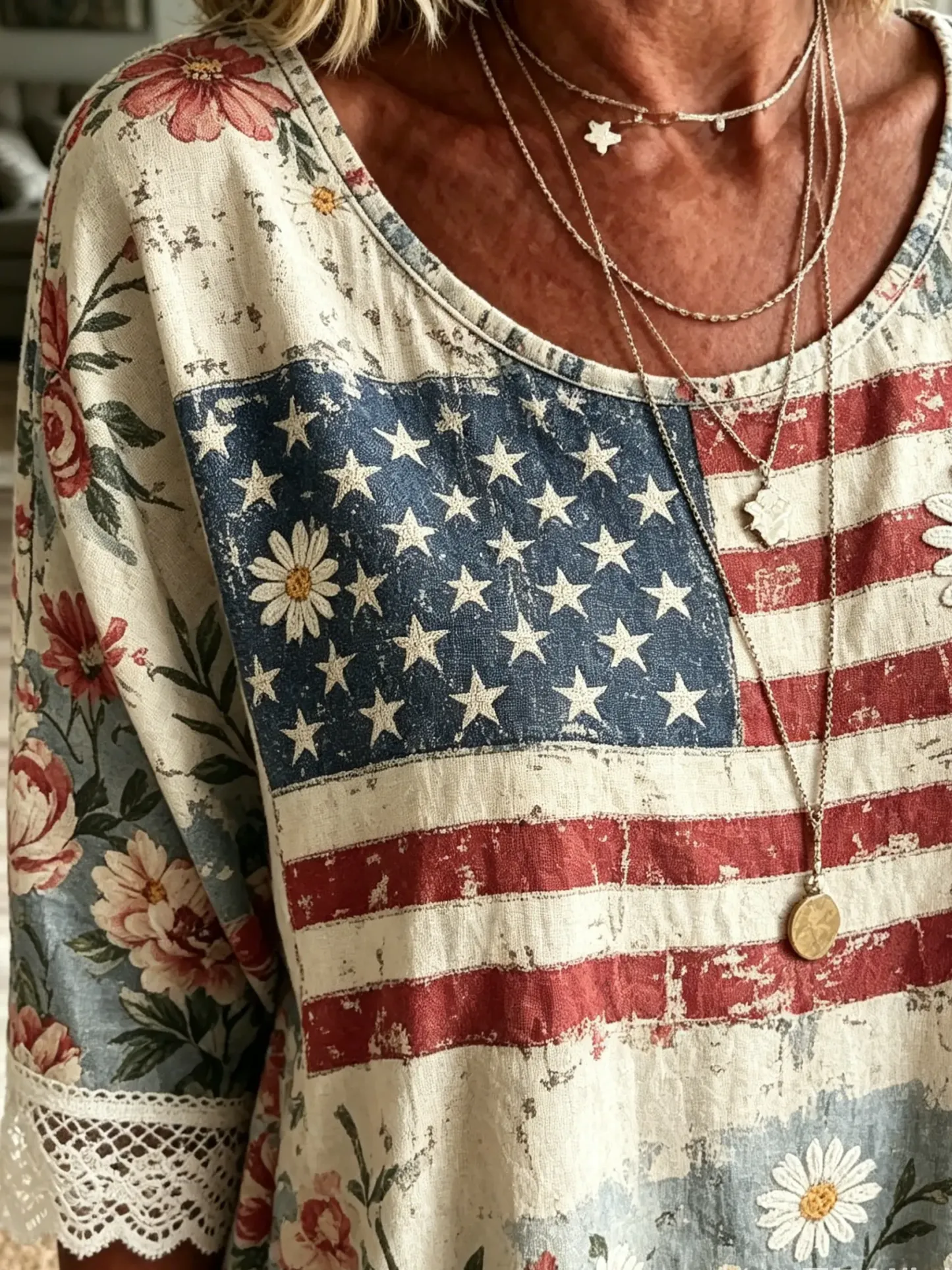 Women's Vintage American Flag Floral Print Lace Cotton Peplum Blouse