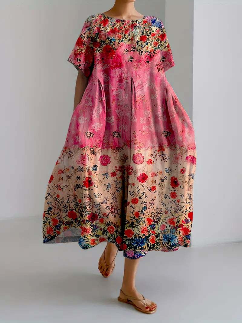 Women's Casual Retro Floral Print Cotton And Linen Dress