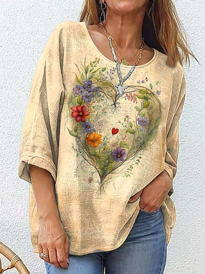Women's Casual Retro Leaf Floral Heart Cotton And Linen Top