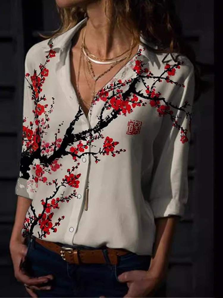 Blouses Floral Print Button Long Sleeve Blouse for Women