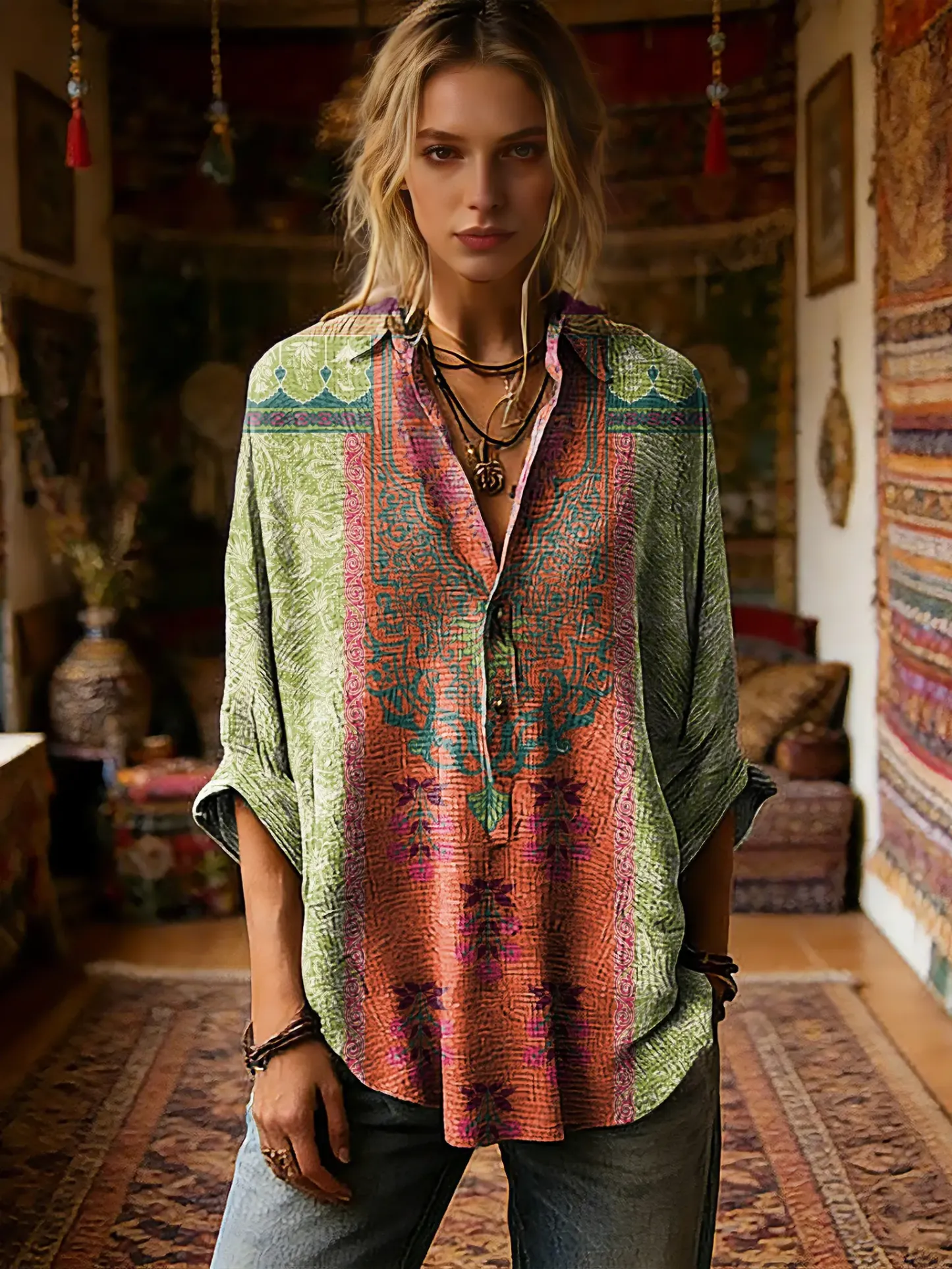 Women's Vintage Ethnic Floral Pattern Art Print Casual Long-sleeve Shi