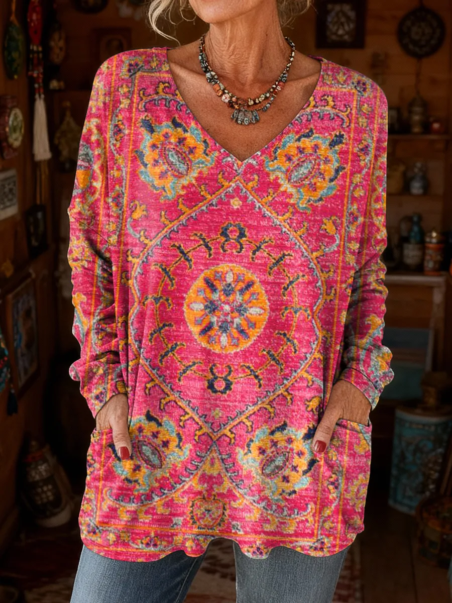 Women's Retro Ethnic Art Print Casual Long-Sleeve V-Neck T-Shirt