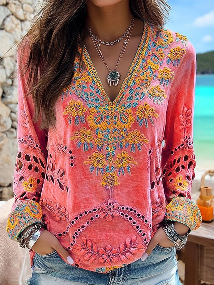 Women's Floral Art Print Casual V-neck Long Sleeve T-shirt