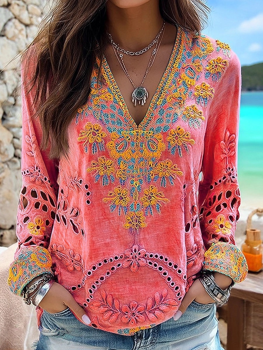 Women's Floral Art Print Casual V-neck Long Sleeve T-shirt