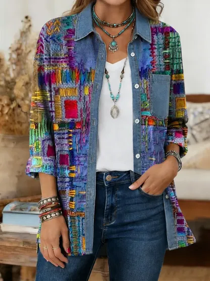 Ethnicity Geometry Texture Women's Print Casual Denim Patchwork Cotton Shirt