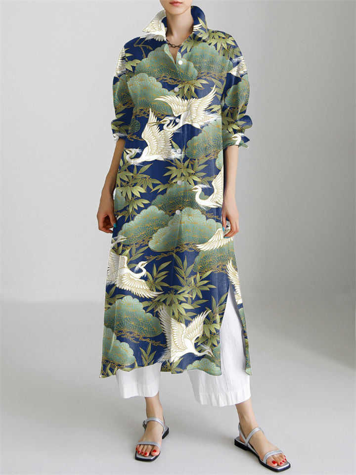 Crane & Pine Japanese Pattern Long Sleeve Slit Shirt Dress