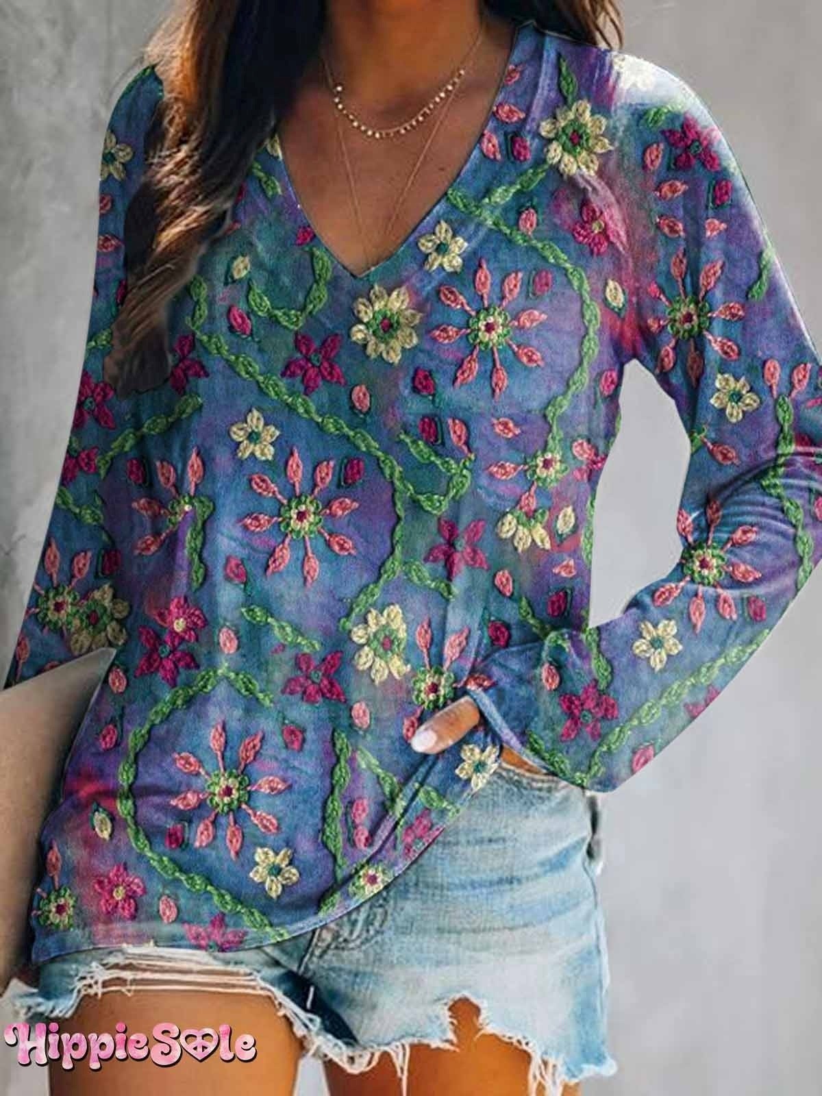 Womens Bohemian Ethnic Floral Art Print Casual Cotton Linen Shirt
