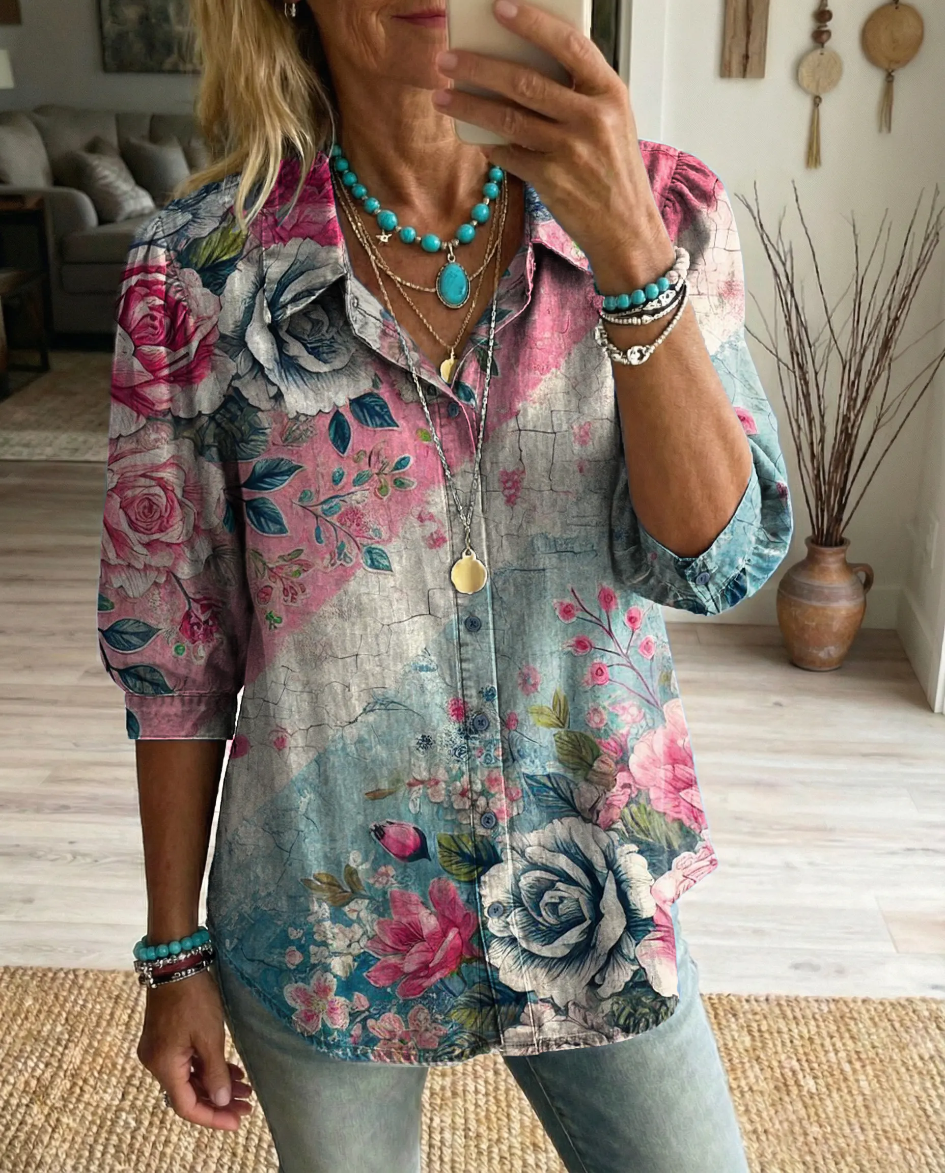 Women's Vintage Distressed Floral Art Print Casual Washed Cotton Collared Short-Sleeve Top