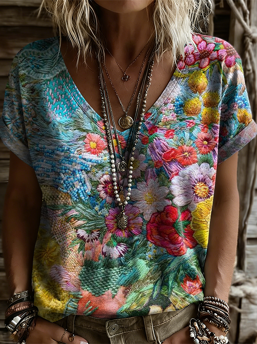 Women's Retro Colorful Floral Art Print Casual Short-sleeve V-neck T-shirt