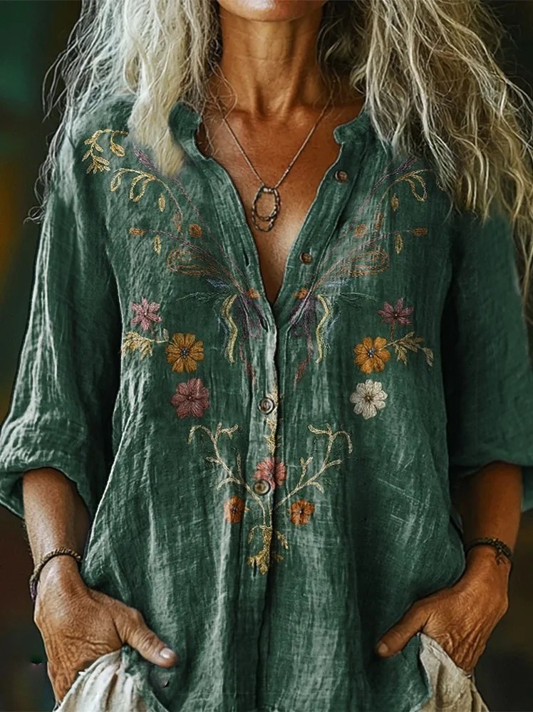 Women's Ethnic Green Floral Pattern Print Casual Cotton Linen Shirt