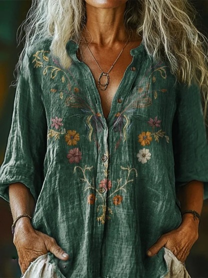 Women's Ethnic Green Floral Pattern Print Casual Cotton Linen Shirt