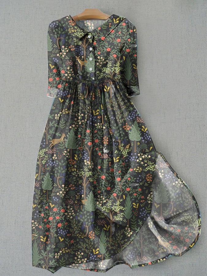 Women's Casual Forest Animal Plant Flower Cotton And Linen Dress